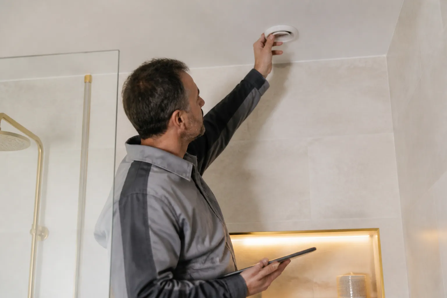 Expert verifiant une bouche de ventilation dans un logement neuf