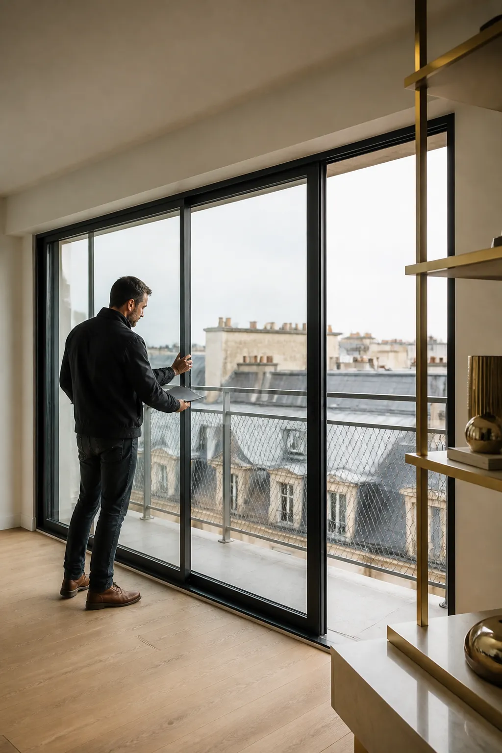 Expert VEFA verifiant une menuiserie dans un appartement neuf a Bordeaux
