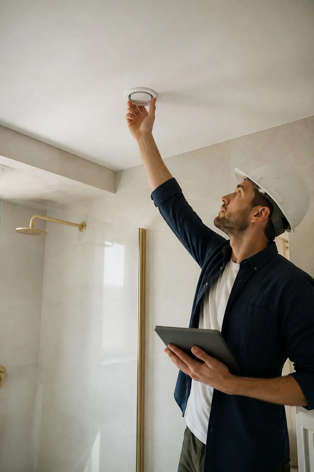Expert VEFA verifiant une VMC dans une salle de bain neuve a Bron