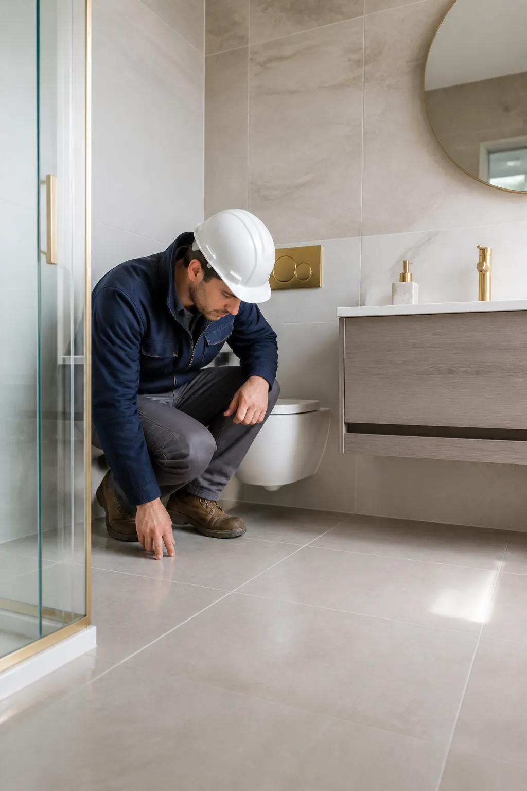 Expert VEFA controlant une salle de bain neuve a Colombes