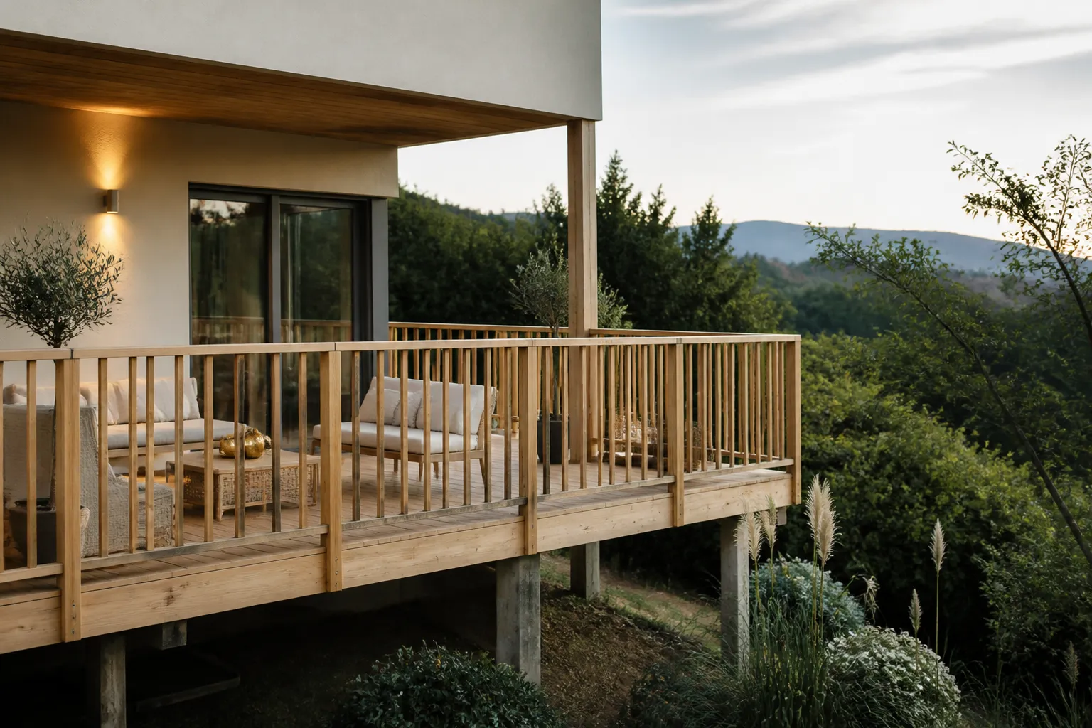 Terrasse sur pilotis d une maison neuve