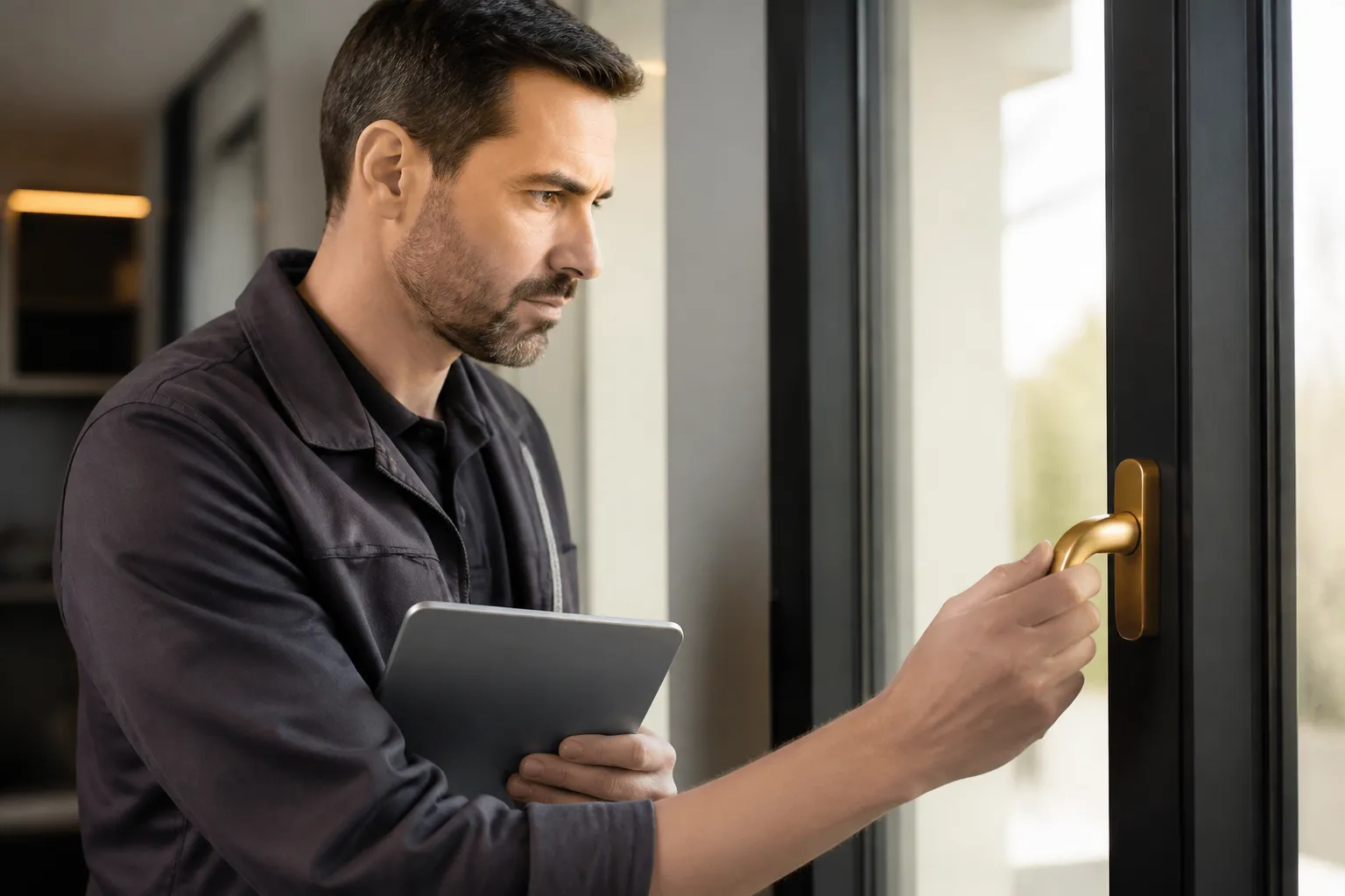 Expert verifiant une menuiserie lors d une livraison