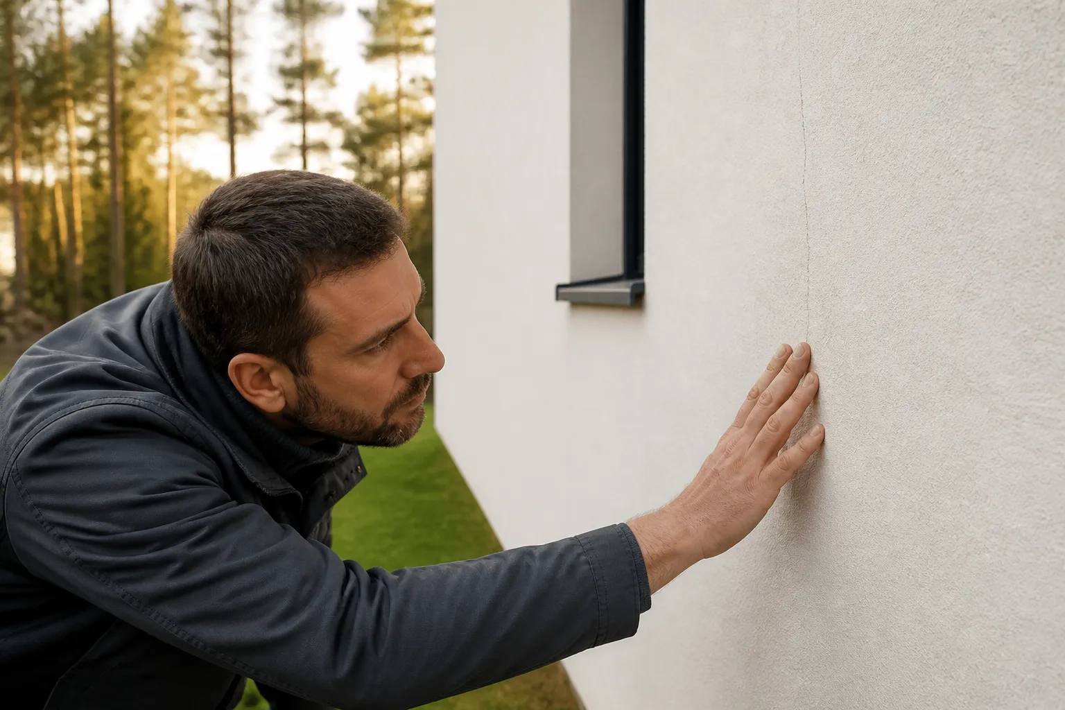 Expert examinant une fissure sur un mur de maison neuve en Gironde