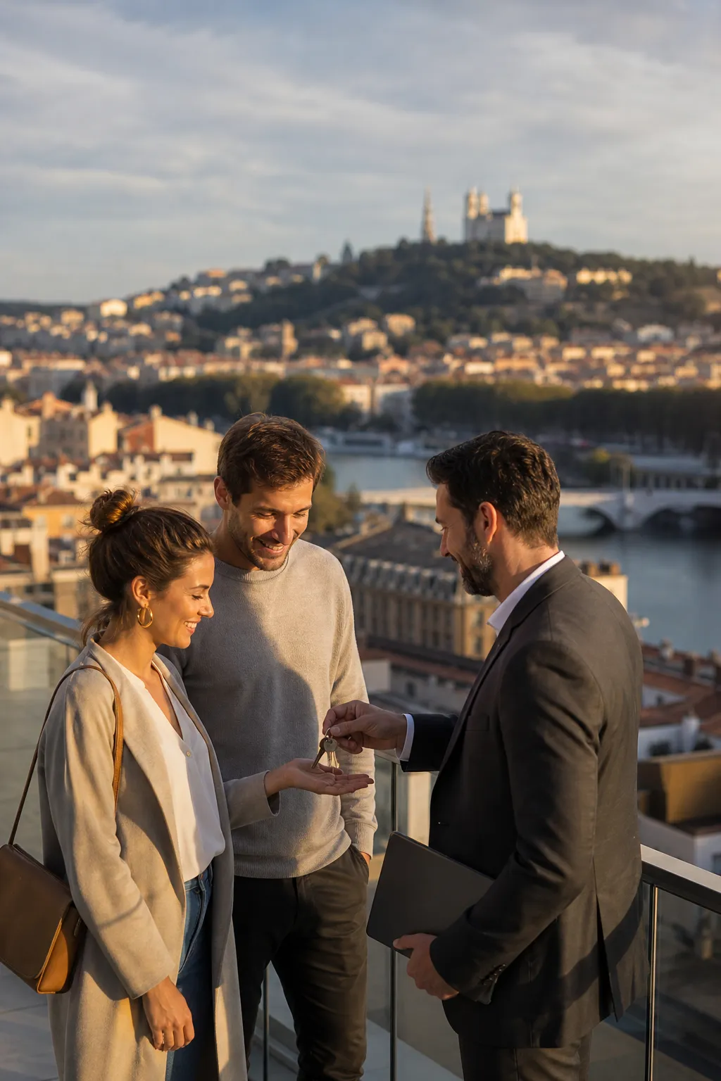 Acquereurs et expert sur le balcon d un appartement neuf a Lyon