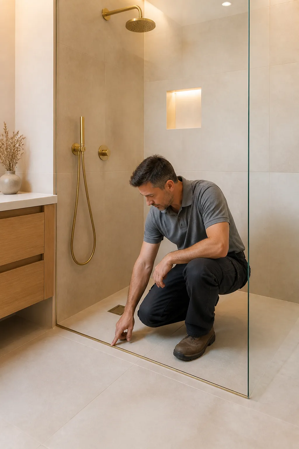 Expert VEFA controlant une salle de bain neuve a Merignac