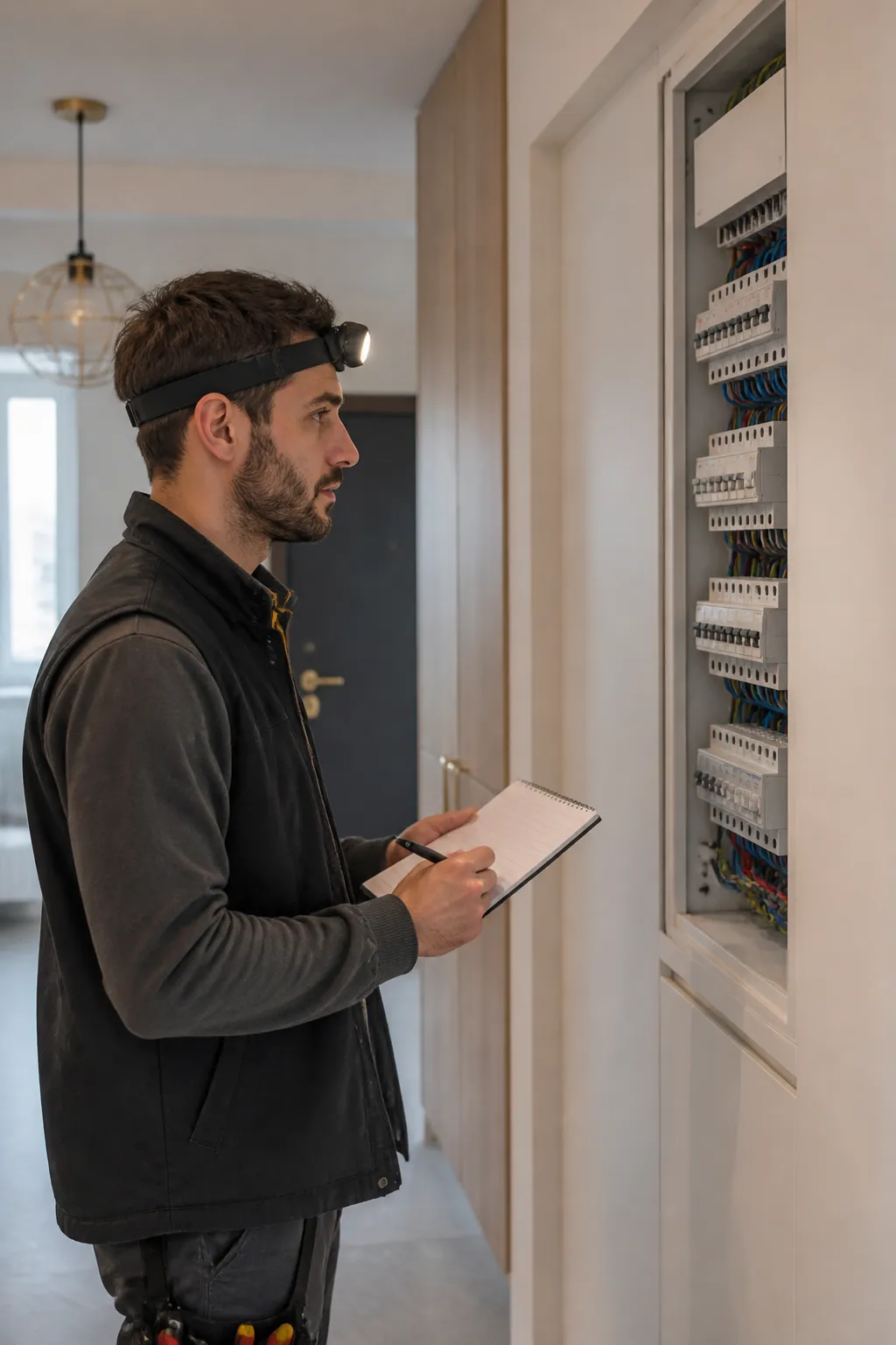 Expert VEFA controlant un tableau electrique dans un logement neuf a Pessac