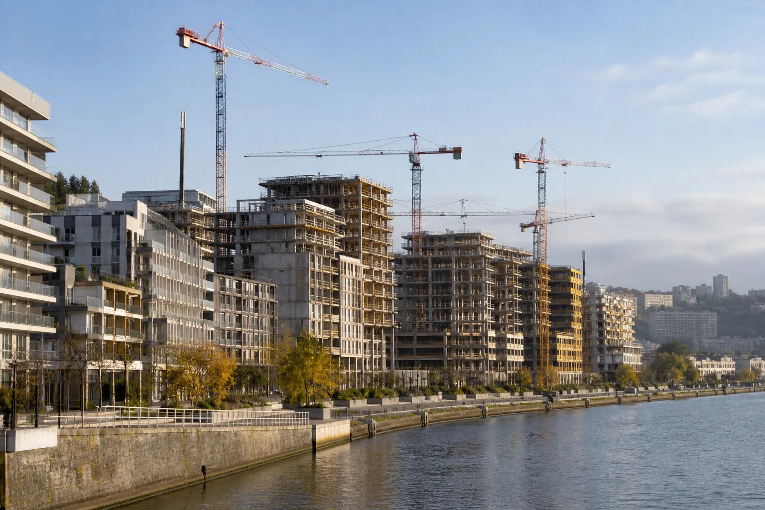 Chantier de logements neufs en bord de fleuve dans la metropole lyonnaise