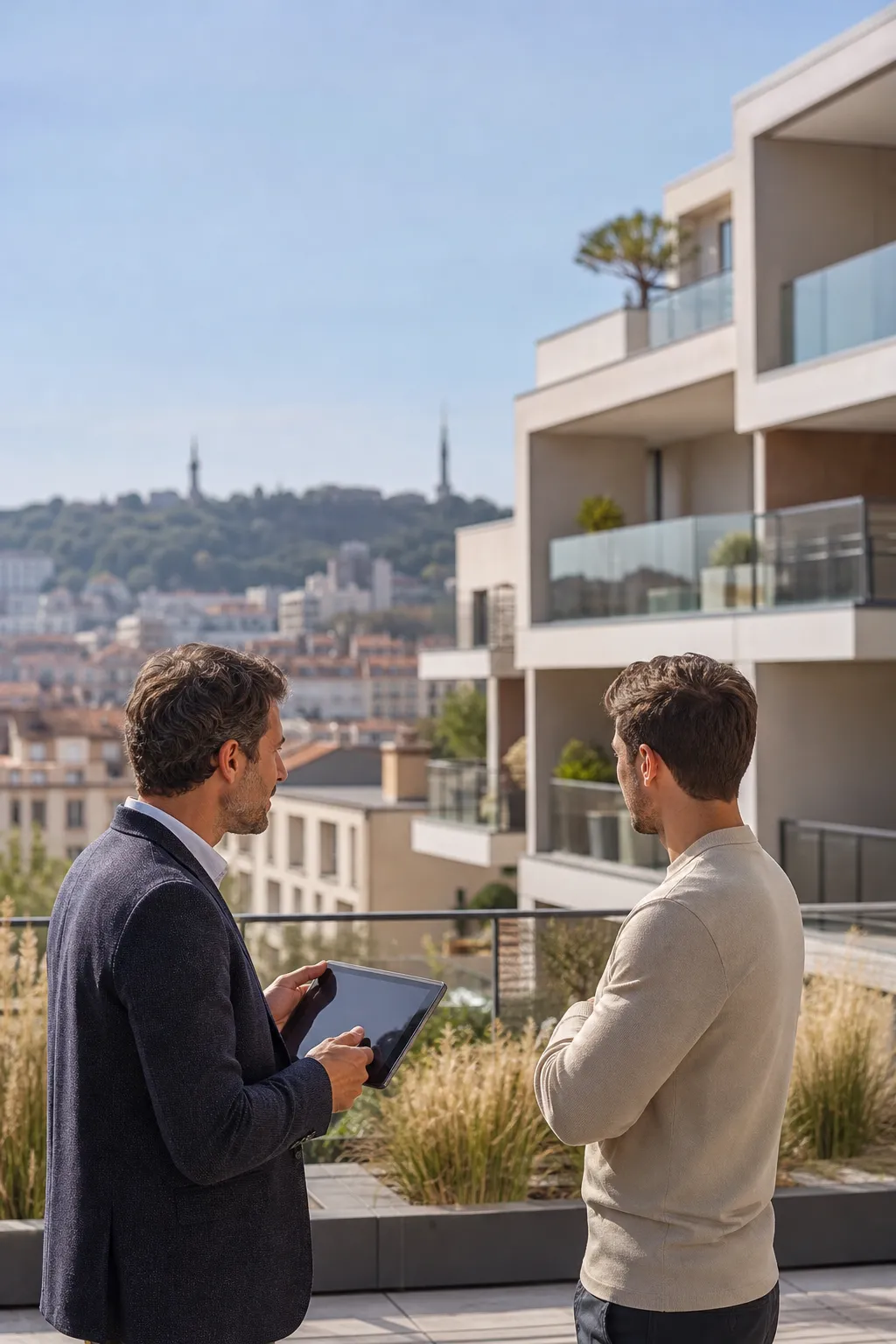Expert en batiment accompagnant un acquereur VEFA devant une residence neuve a Lyon