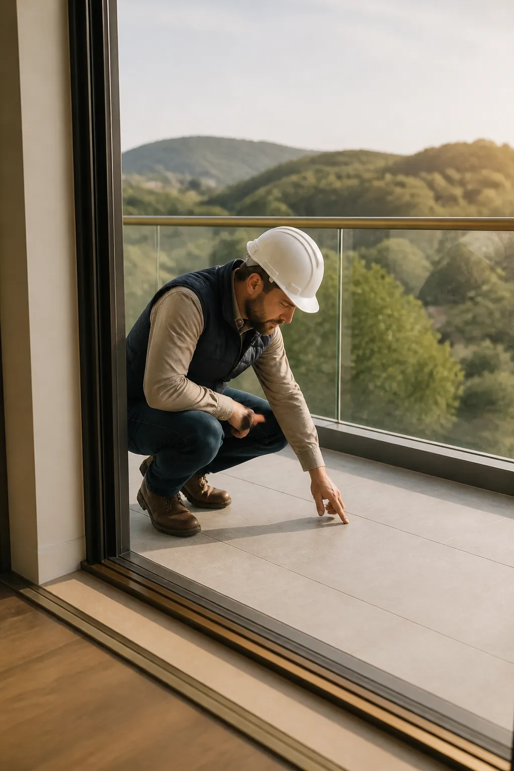 Expert VEFA inspectant un balcon d appartement neuf a Rillieux-la-Pape
