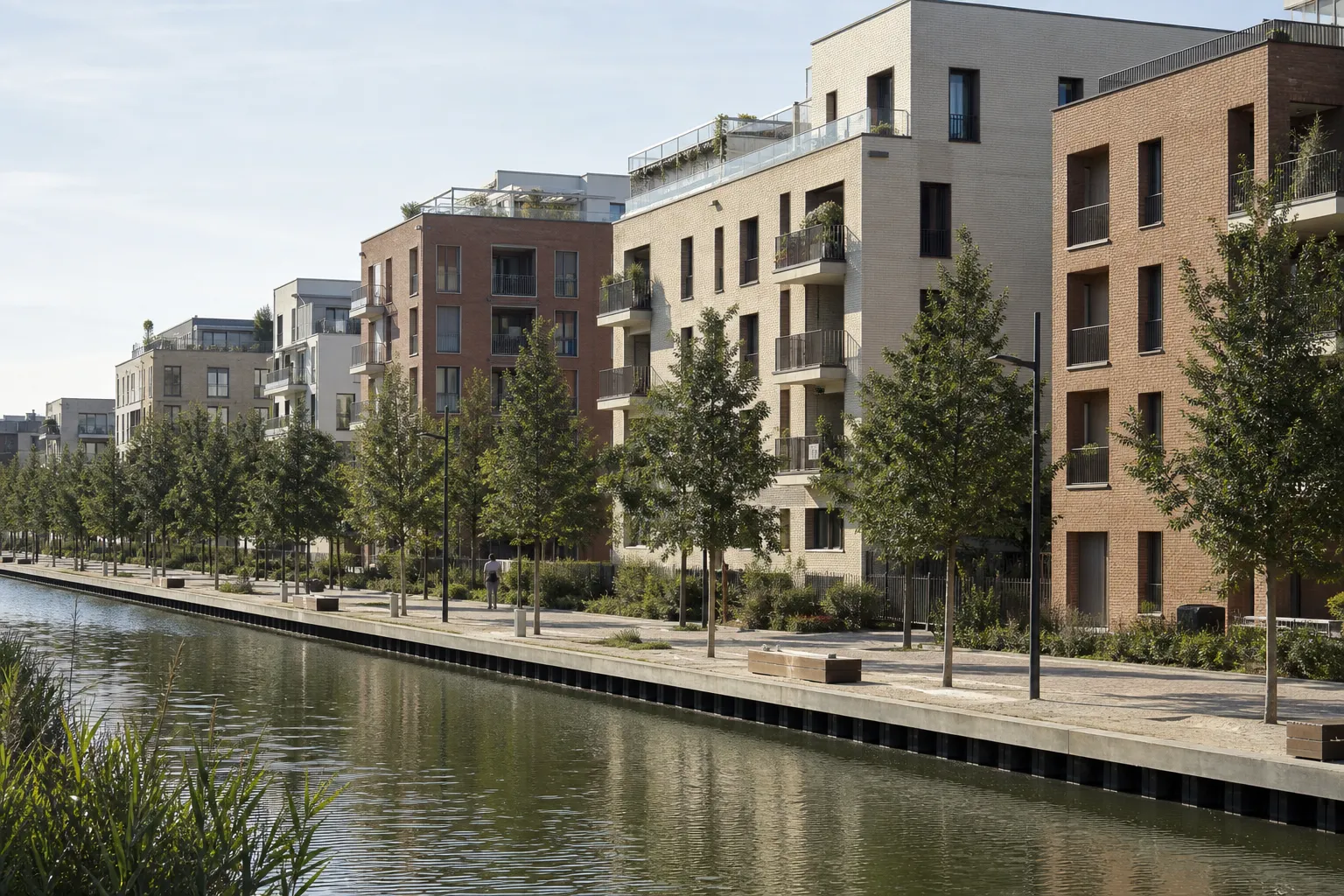 Residences neuves le long d un canal en Seine-Saint-Denis
