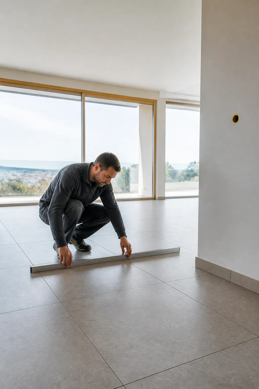 Expert VEFA controlant la planeite d un sol dans un logement neuf a Venissieux