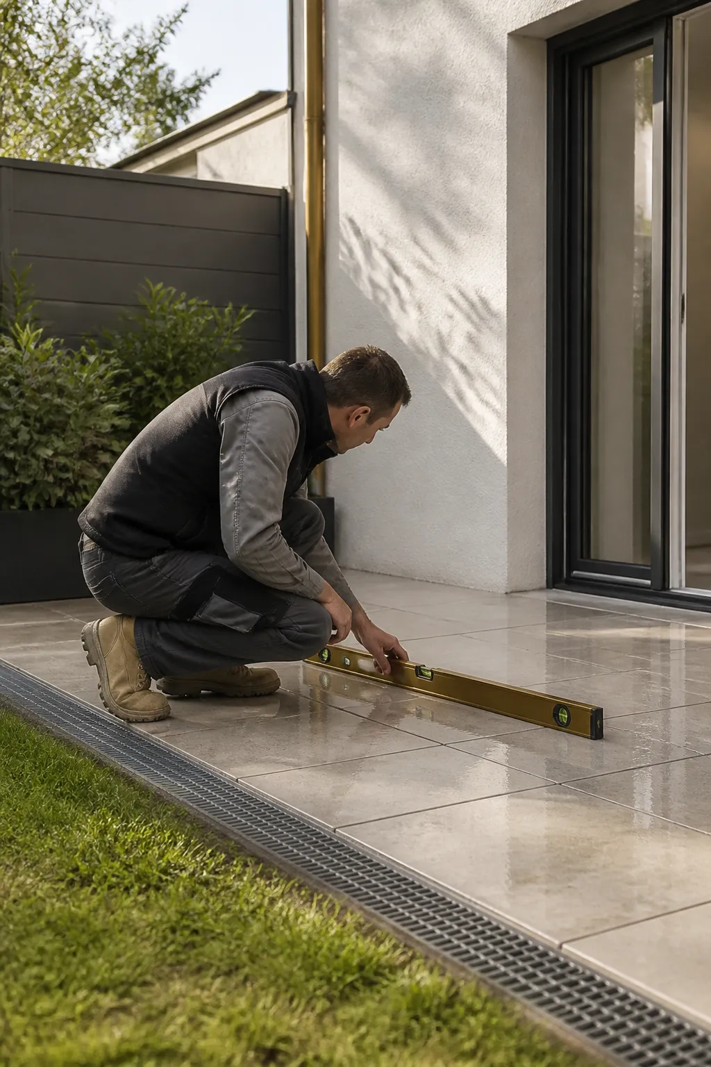 Expert VEFA verifiant une terrasse de logement neuf a Villenave-d Ornon
