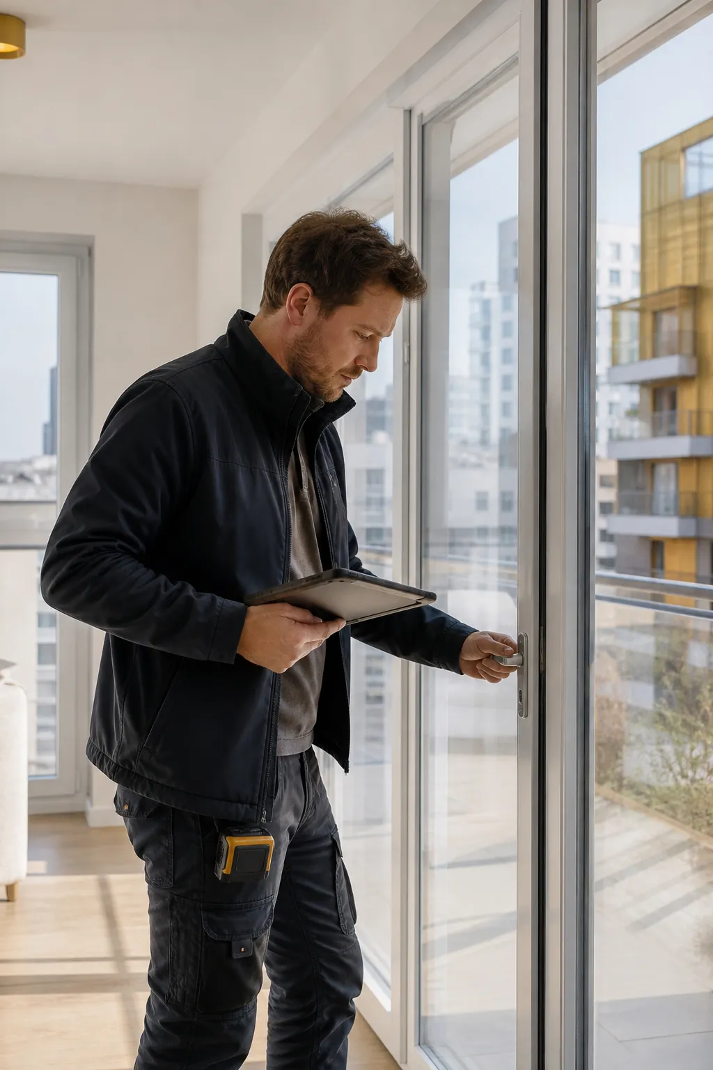 Expert VEFA verifiant les menuiseries d un appartement neuf a Villeurbanne