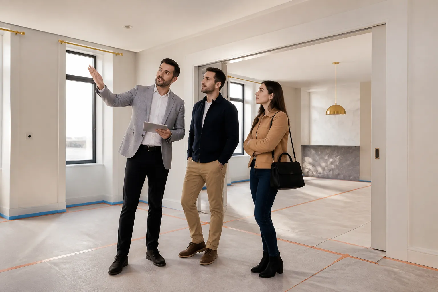 Expert en batiment et acquereurs lors d une visite de chantier VEFA